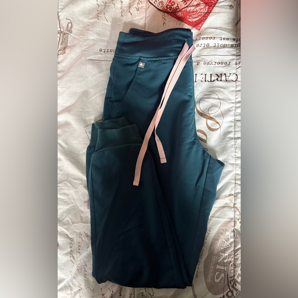 Figs Teal Track Pants with Pink Drawstring